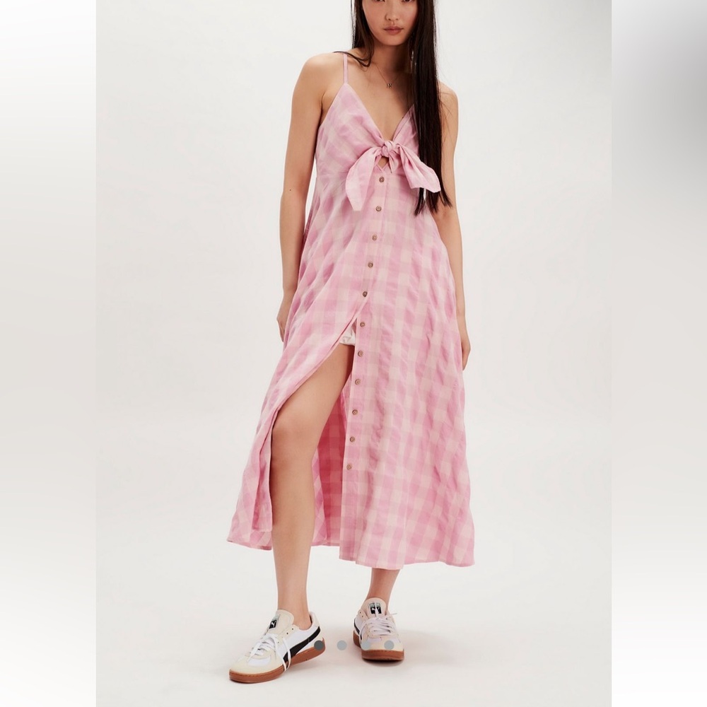 Free People Via Plaid Check Button Down Tie Front Midi Dress Maxi Top